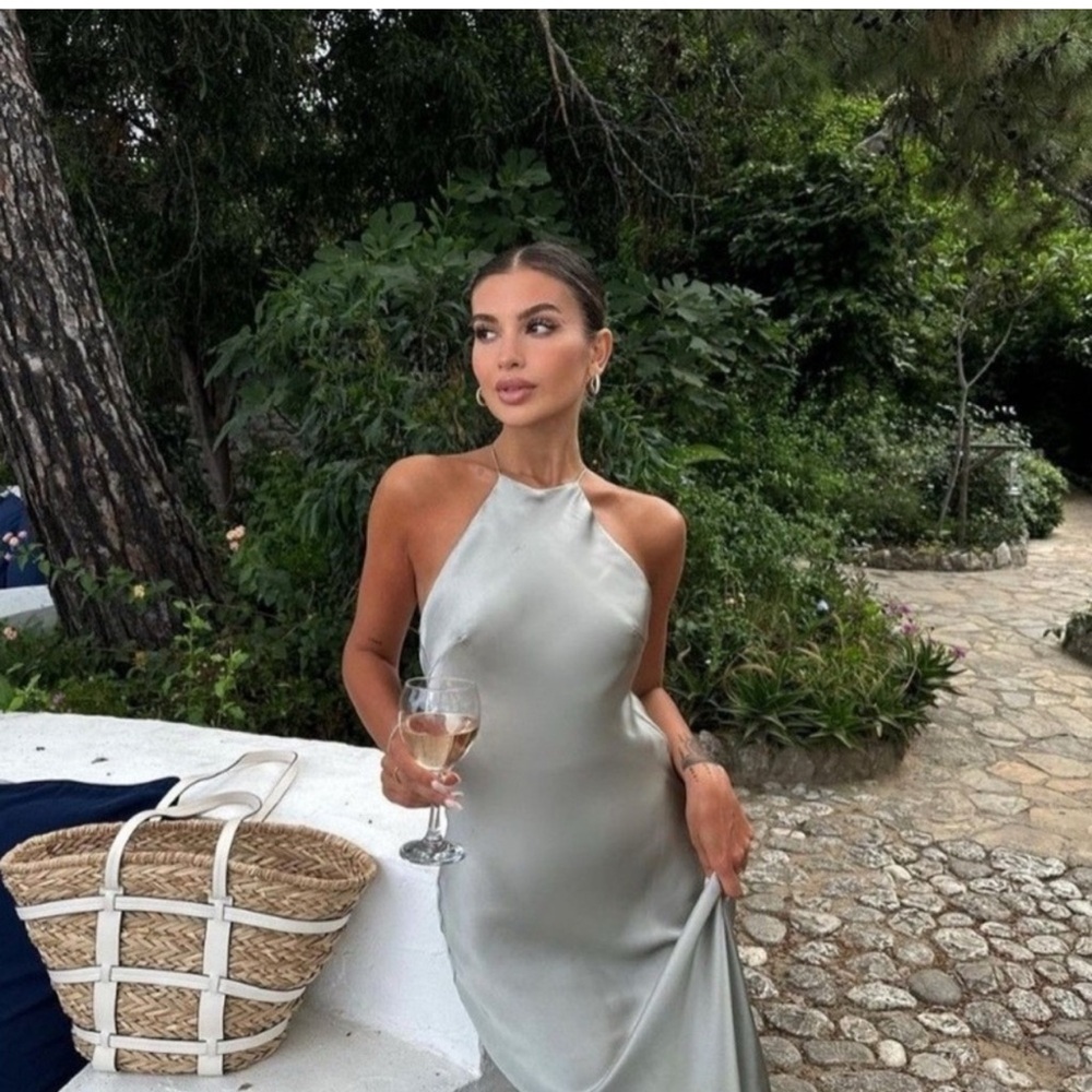Zara Satin Halter Maxi Dress in Light Silver